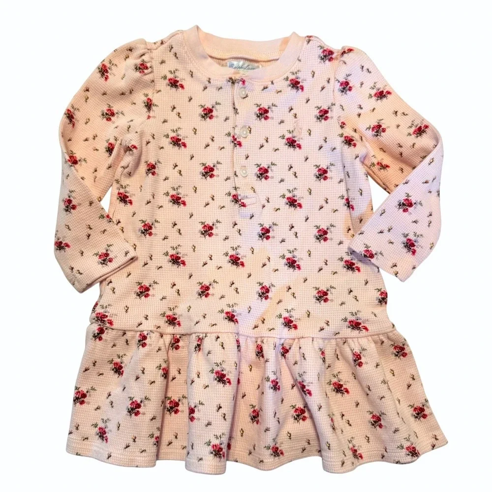 Ralph Lauren Baby Girls Pink Floral Waffle Knit Henley Dress & Bloomers Set 12M